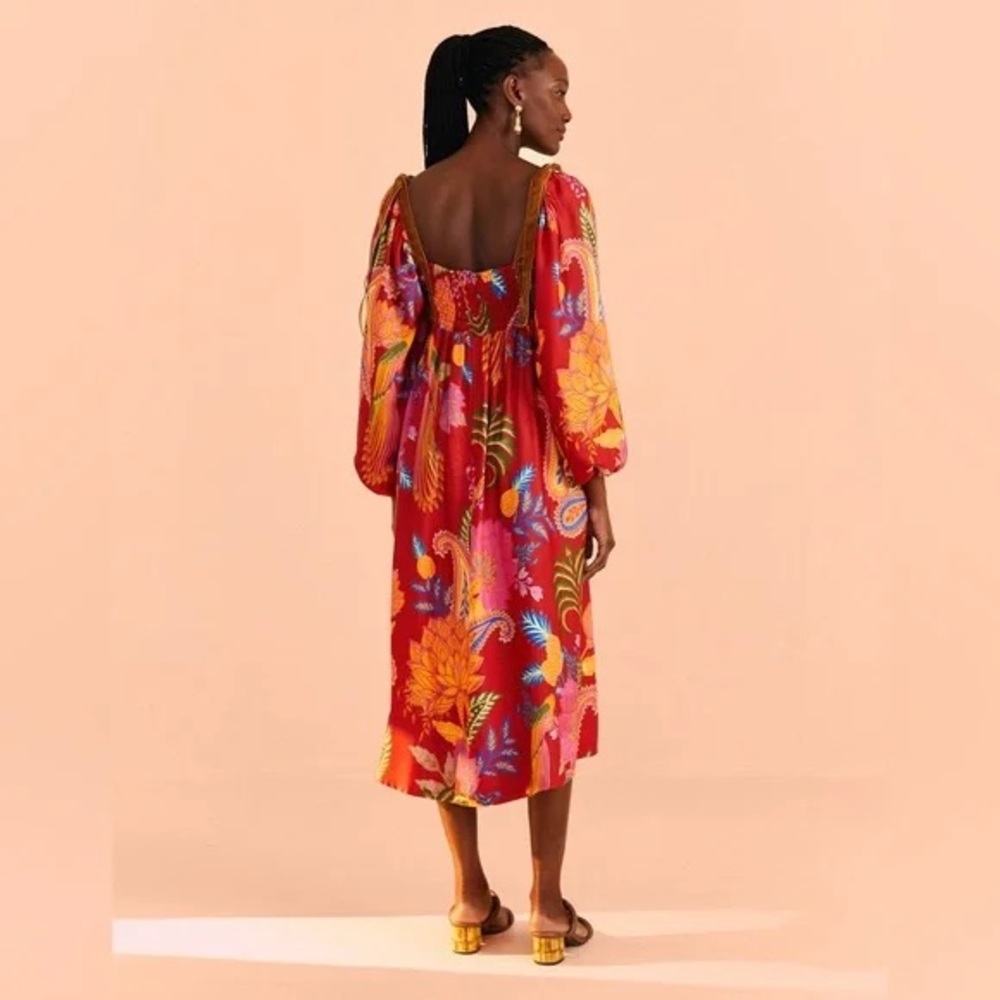 Farm Rio Floral Red Midi Dress sz M FLAWED - Picture 2 of 14